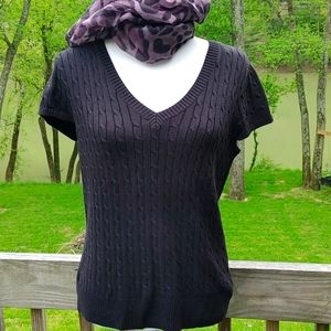 Jeanne Pierre BlackV Neck Cable Knit Short Sleeve Sweater Size M